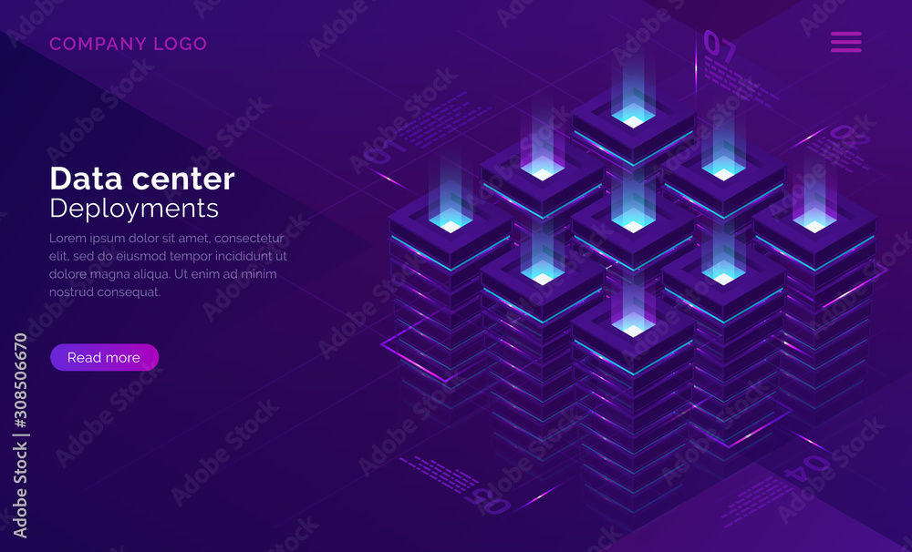 Poster date center isometric concept vector. server room with racks, virtual supercomputer internet technol