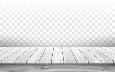 Wooden gray table top with aged surface, realistic vector illustration. Vintage dining table made of wood, realistic plank texture. Empty desk top isolated on transparent wall.