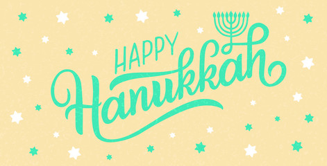 Happy Hanukkah holiday lettering with menorah, isolated on white. Hand drawn vector typographic design with modern calligraphy. Happy Hanukkah logotype, badge and icon typography. EPS 10