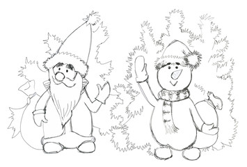 Santa Claus and Snowman with gifts. Ink drawing.