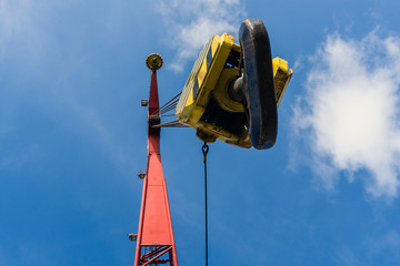 Offshore crane on board a construction work barge at oil field