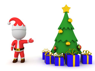 3D Santa Claus showing christma tree with presents