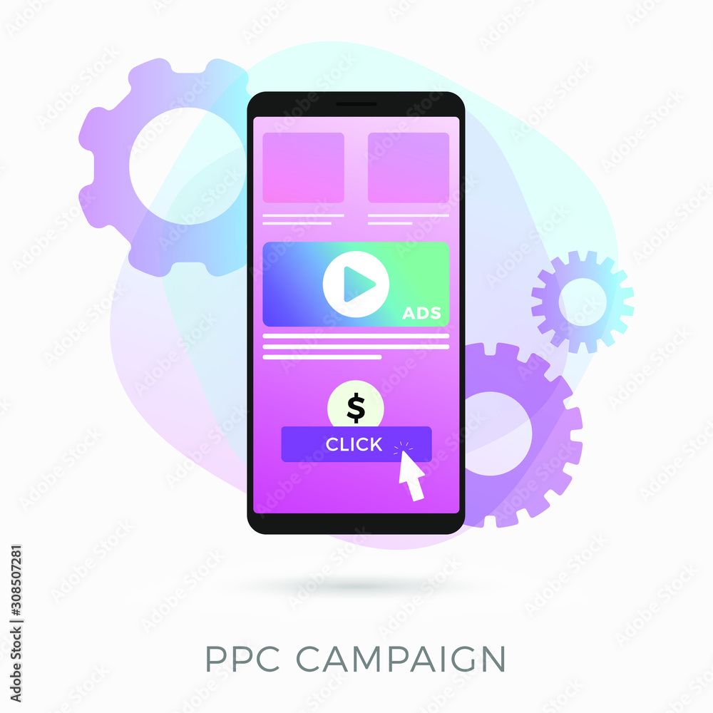 Poster ppc - pay per click advertising, conversion and marketing flat vector concept with icons and texts. 