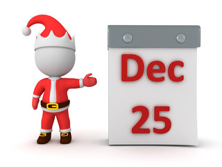 3D Santa Claus showing calendar with December 25th date
