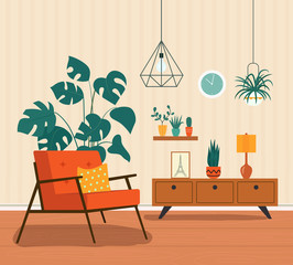 Comfortable chair and house plants. Vector flat illustration