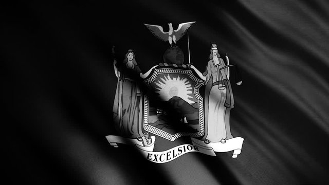 New York flag waving background,seamless loop. Animation. Abstract flag fabric fluttering in the wind emblem of one of the United States, monochrome.