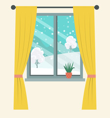 Window with curtains. Winter landscape. Vector flat style illustration