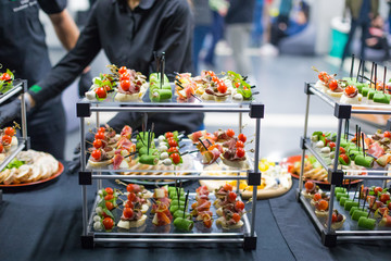 Different canapes with smoked salmon, cucumber, tomatoes, cheese, meat. Breakfast buffet table with a variety of snacks. Buffet served table with snacks,fruits, canape, sweets and appetizers