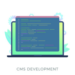 Website content management system (CMS) development flat vector icon. Programming and installation cms for website managing. Laptop with code window isolated on white background