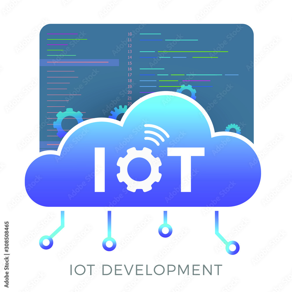 Fototapete iot development vector icon concept with smart cloud, gears and a window with program code in the ba