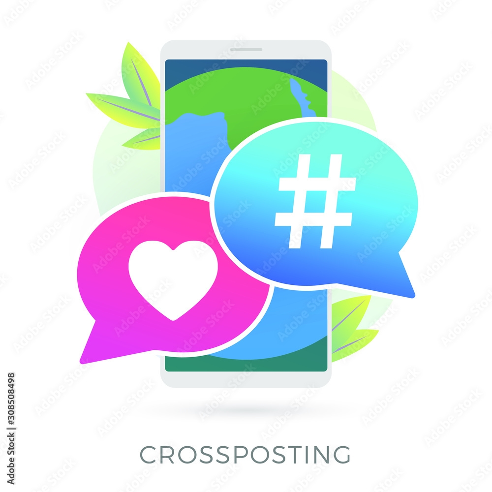 Poster crossposting vector icon - posting the same message to multiple social media. smm marketing with cus