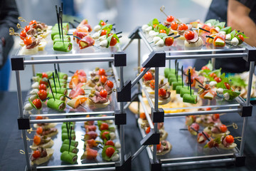 Different canapes with smoked salmon, cucumber, tomatoes, cheese, meat. Breakfast buffet table with a variety of snacks. Buffet served table with snacks,fruits, canape, sweets and appetizers