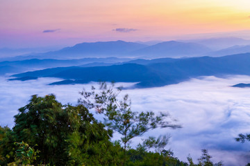 Fototapeta premium Beautiful fog coverage mountain valley and sunlight in the morning colorful,Sri Nan Park,Nan,Thailand