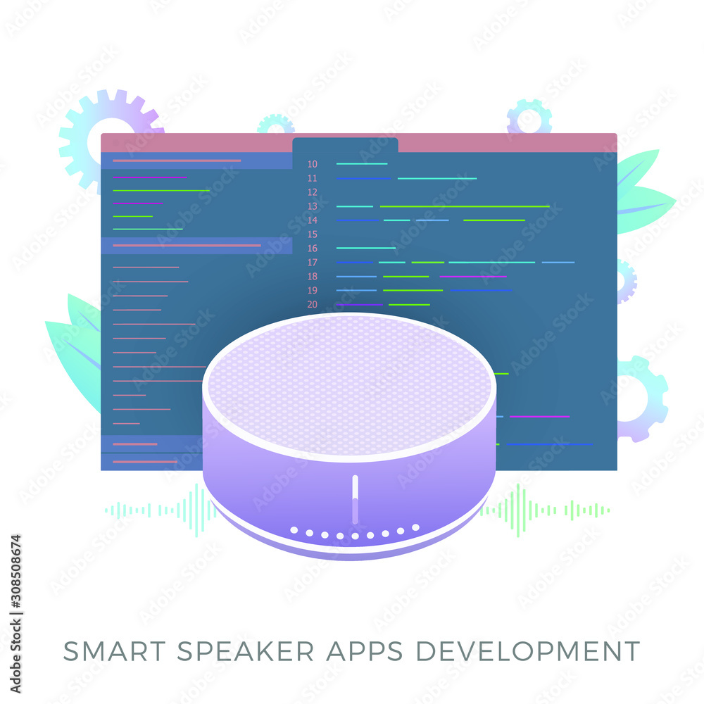 Poster smart speaker apps development flat vector icon. wireless virtual voice assistant application softwa