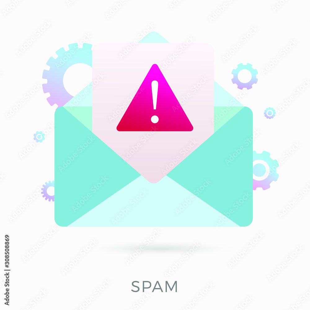 Poster e-mail spam message flat vector concept. envelope with an open letter with a big warning notificatio