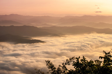 Beautiful fog coverage mountain valley and sunlight in the morning colorful,Sri Nan Park,Nan,Thailand
