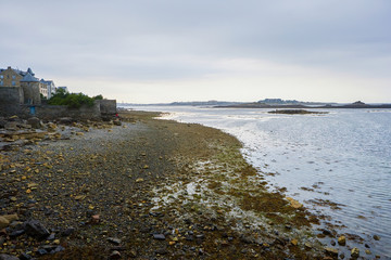Houses at the coast of Roscoff, Brittany, rocks and stones, island in the background