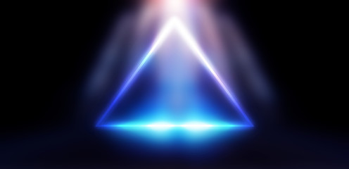 Abstract ultraviolet background. Futuristic background, Neon light, light figure in the center. Triangle, pyramid.