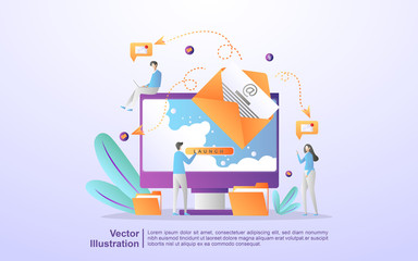 Email marketing concept. Email advertising campaign, e-marketing, reaching target audience with emails. Send and receive mail. Can use for web landing page, banner, mobile app. Vector Illustration