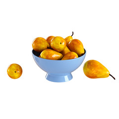 Ripe pears in a round blue vase on an isolated background 3d rendering