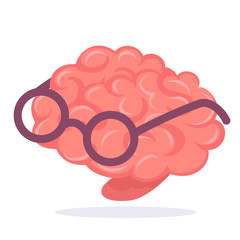 Vector creative illustration of pink human brain with glasses on light background.