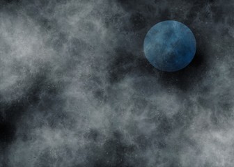 Blue planet in light nebula on black background