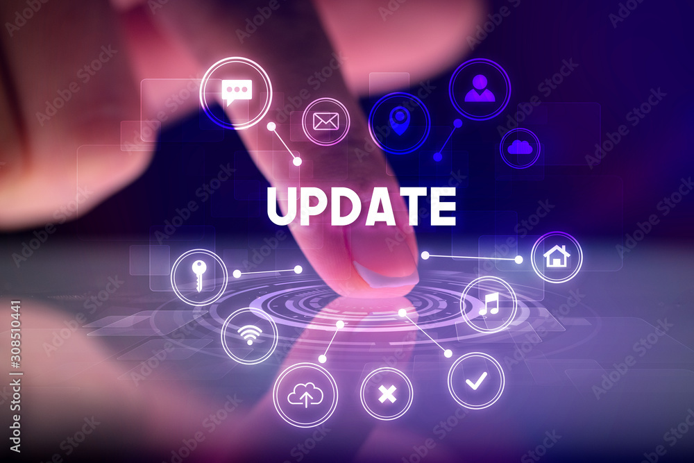 Poster finger touching tablet with web technology icons and update inscription, web technology concept