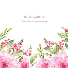 Rose Garden bottom border and place for text. Watercolor transparent colorful flowers isolated in white. Botanical floral square background for greeting card, wedding invitation, banners