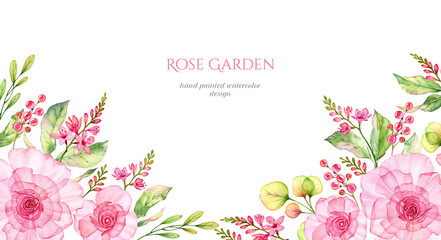 Watercolor floral background with roses and wild flowers in corners and place for text. Horizontal frame isolated in white. Botanical hand painted illustration for card, wedding, banners