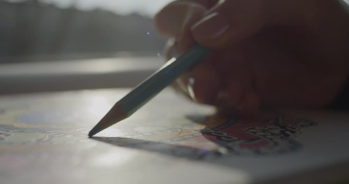 Girl drawing mandala with colored pencils macro closeup detail