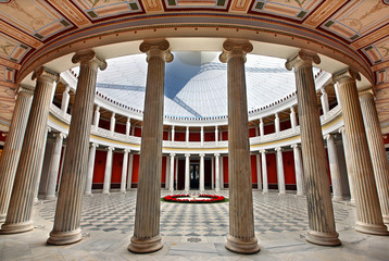 ATHENS, GREECE. View of the inner yard of Zappeion mansion with its beautiful peristyle, in the National Garden of Athens, Greece 