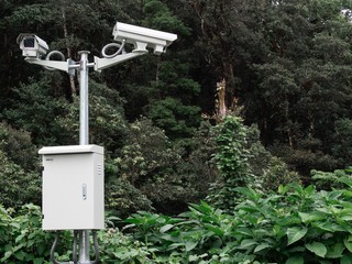 CCTV was installed in the park. closed circuit camera Split with nature background.