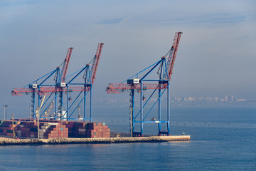 Cargo port cranes. Sea landscape.