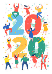 Business people, man and woman building a numbers 2020, in flat modern style. preparing to meet the new year .