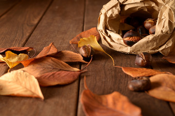 roasted chestnuts spill out of a paper bag on a wooden table