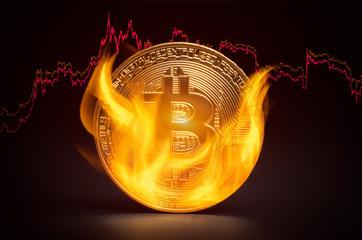 Golden bitcoin burning in flames