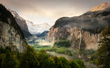 Lauterbrunnen Valley and Staubbach Fall, Switzerland - obrazy, fototapety, plakaty