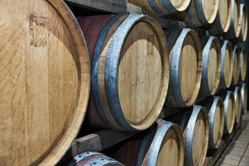 Wine barrels stacked on winery