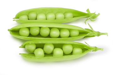 Closeup top view fresh green peas isolated on white background, healthy food concept