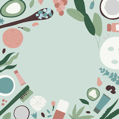 Spa treatment concept frame, flat lay composition with natural cosmetic products peeling and massage brushes. View from above, blank space for a text. Vector