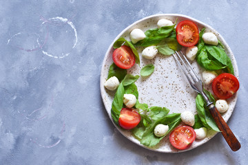 Classic caprese salad with baby mozapela and cherry tomatoes. Christmas wreath - caprese salad. Celebration.