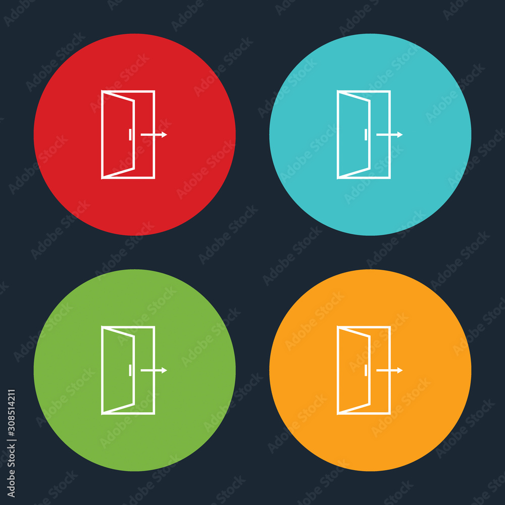 Poster very useful door exit line icon on four color round options.