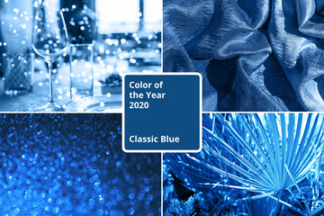 Collage with Classic Blue color of the year 2020.
