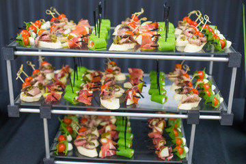 Different canapes with smoked salmon, cucumber, tomatoes, cheese, meat. Breakfast buffet table with a variety of snacks. Buffet served table with snacks,fruits, canape, sweets and appetizers