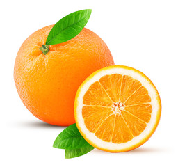 Orange fruit and one cut in half, with leaf