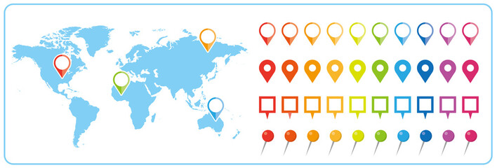 世界地図　ビジネス　マップ　ピンとマーカーのセット