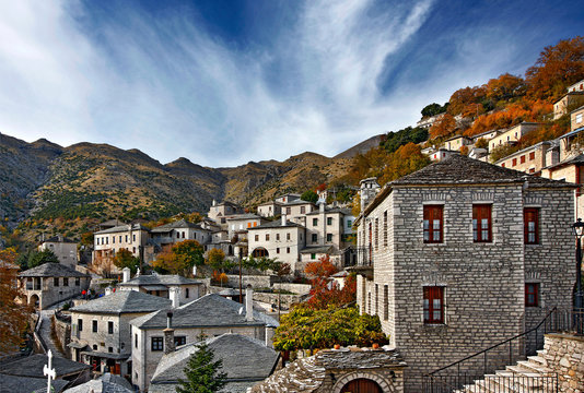 SYRRAKO VILLAGE, IOANNINA, GREECE.  Syrrako village, one of the most beautiful Greek mountainous villages, on Tzoumerka mountains, Ioannina, Epirus, Greece 