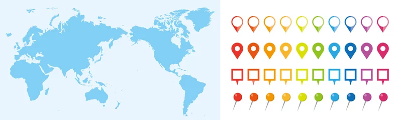 Deurstickers 世界地図　ビジネス　マップ　ピンとマーカーのセット © DESIGN BOX