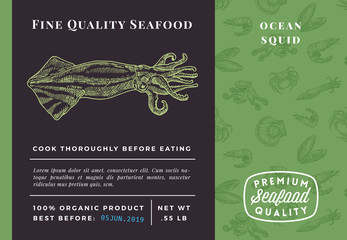 Premium Quality Seafood Abstract Vector Squid Packaging Design or Label. Modern Typography and Hand Drawn Sketch Seamless Pattern Background Layout of Prawns, Scallops, Squids and Crabs