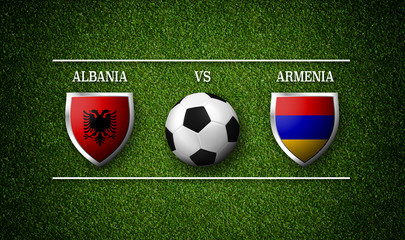 Football Match schedule, Albania vs Armenia, flags of countries and soccer ball - 3D rendering